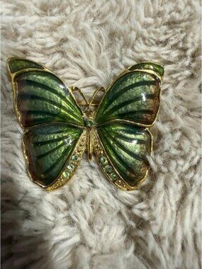 Vintage Signed Gold Tone Enamel Butterfly Brooch Pin Green Blue Wings‎
